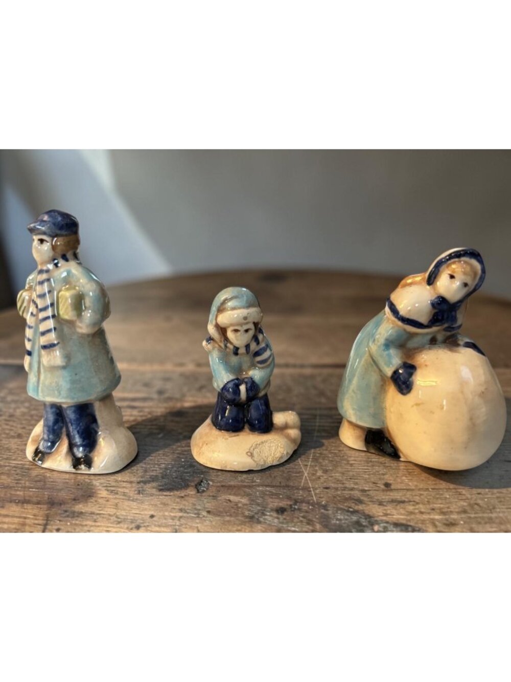 Vintage Ceramic Winter Village Figurines Set Of 3 Building Snowman Handpainted B